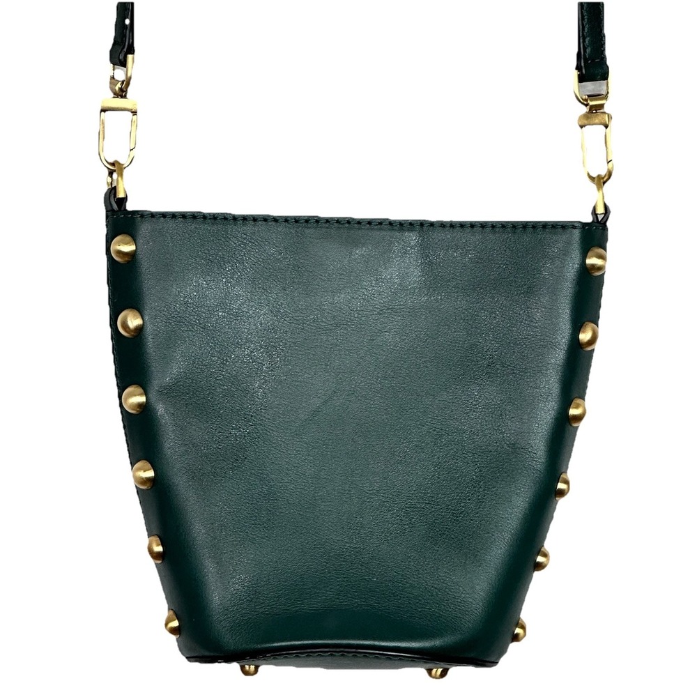 FLYNN Green Leather Bucket Bag Gold Studded Crossbody Purse Magnetic Closure